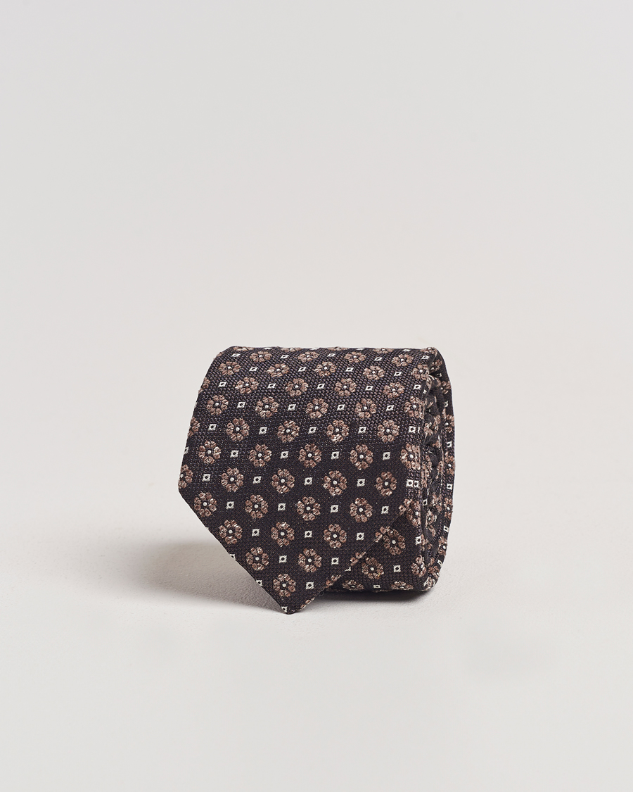 Herre | Amanda Christensen Silk/Cotton Printed Flower 8cm Tie Olive | Amanda Christensen | Silk/Cotton Printed Flower 8cm Tie Olive