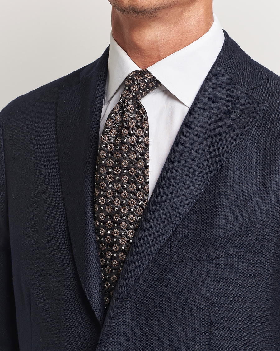 Herre | Amanda Christensen Silk/Cotton Printed Flower 8cm Tie Olive | Amanda Christensen | Silk/Cotton Printed Flower 8cm Tie Olive