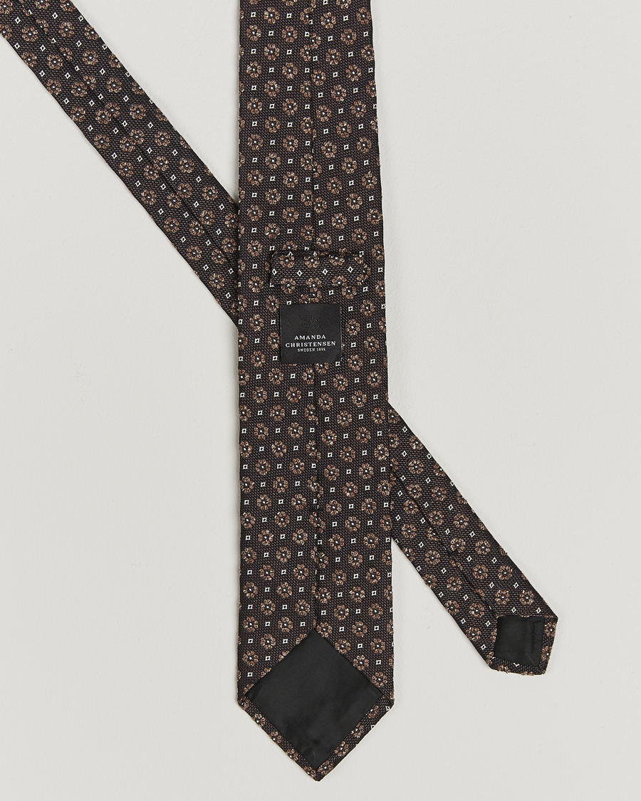 Herre | Amanda Christensen Silk/Cotton Printed Flower 8cm Tie Olive | Amanda Christensen | Silk/Cotton Printed Flower 8cm Tie Olive