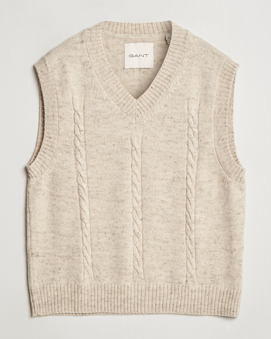 Herre | Gensere | Gant | Cable Knitted V-Neck Vest Seed Melange