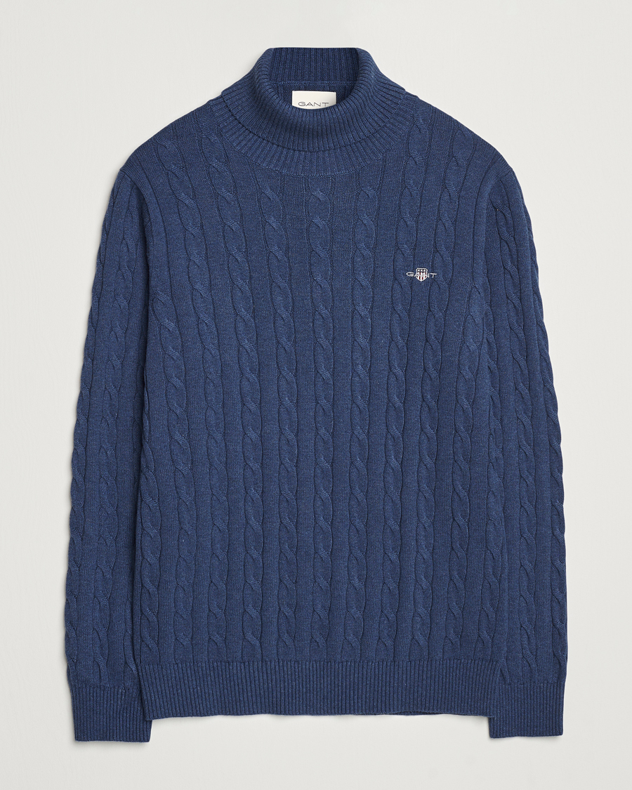 Herre | Gensere | GANT | Cotton Cable Turtle Neck Dark Jeans Blue Melange