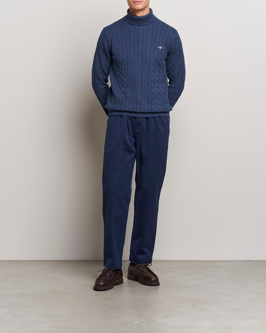 Herre | Gensere | GANT | Cotton Cable Turtle Neck Dark Jeans Blue Melange