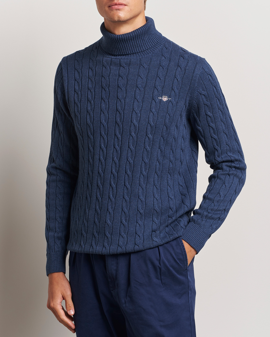 Herre | Gensere | GANT | Cotton Cable Turtle Neck Dark Jeans Blue Melange