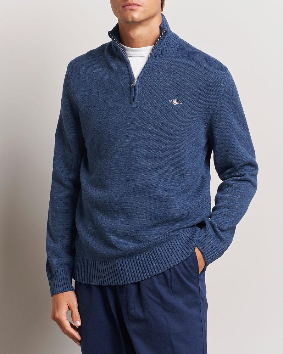 Herre | Gensere | GANT | Casual Cotton Half Zip Dark Jeans Blue Melange