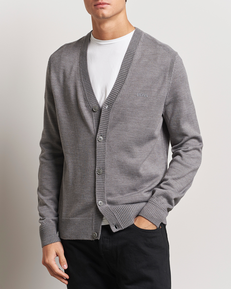 Herre | Gensere | BOSS ORANGE | Avac Wool Knitted Cardigan Light Grey