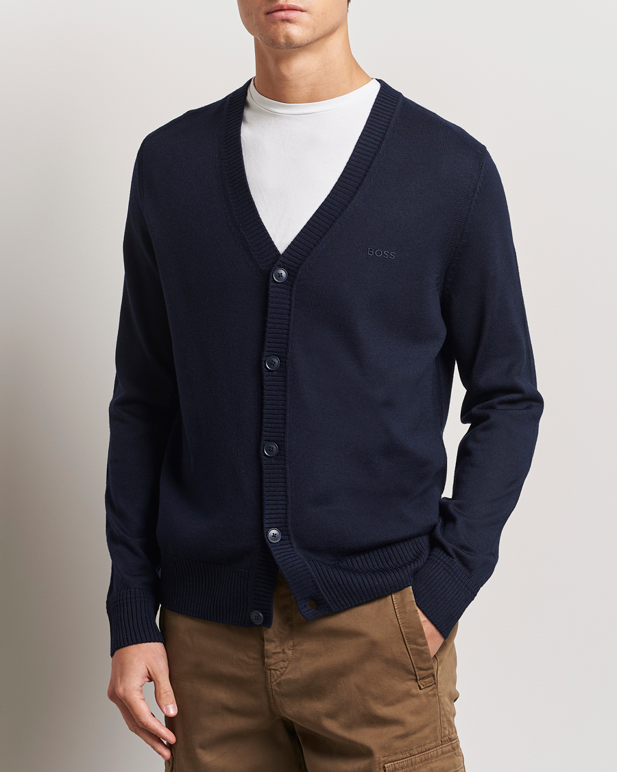 Herre | Gensere | BOSS ORANGE | Avac Wool Knitted Cardigan Dark Blue