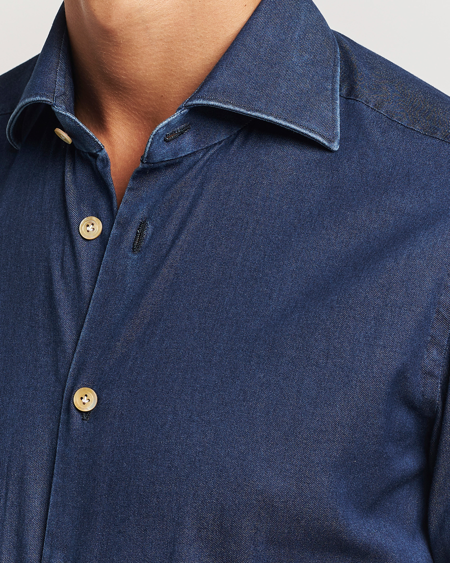 Herre | Skjorter | Kiton | Stretch Denim Cut Away Shirt Blue Indigo