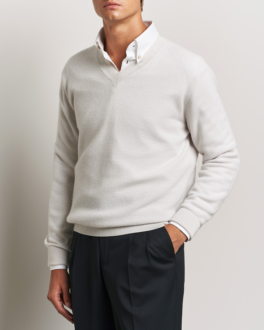 Herre | Gensere | Brioni | Rib Cashmere V-Neck Sweater Light Grey