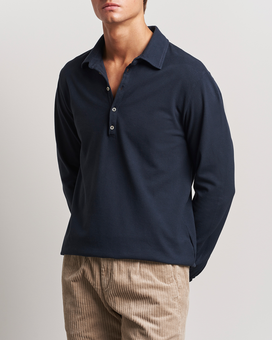 Herre | Gensere | Massimo Alba | Ischia Cotton/Cashmere Long Sleeve Polo Navy