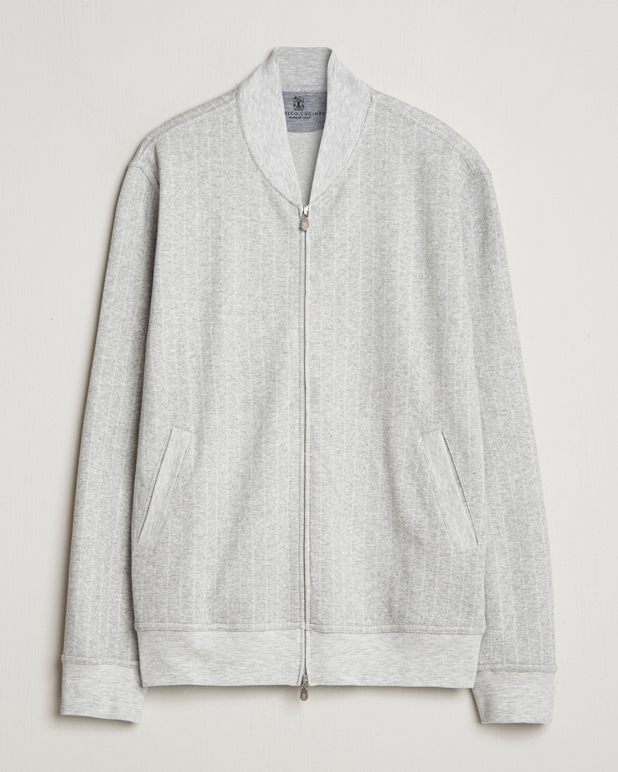 Herre | Gensere | Brunello Cucinelli | Soft Pinstripe Full Zip Sweater Pearl Grey