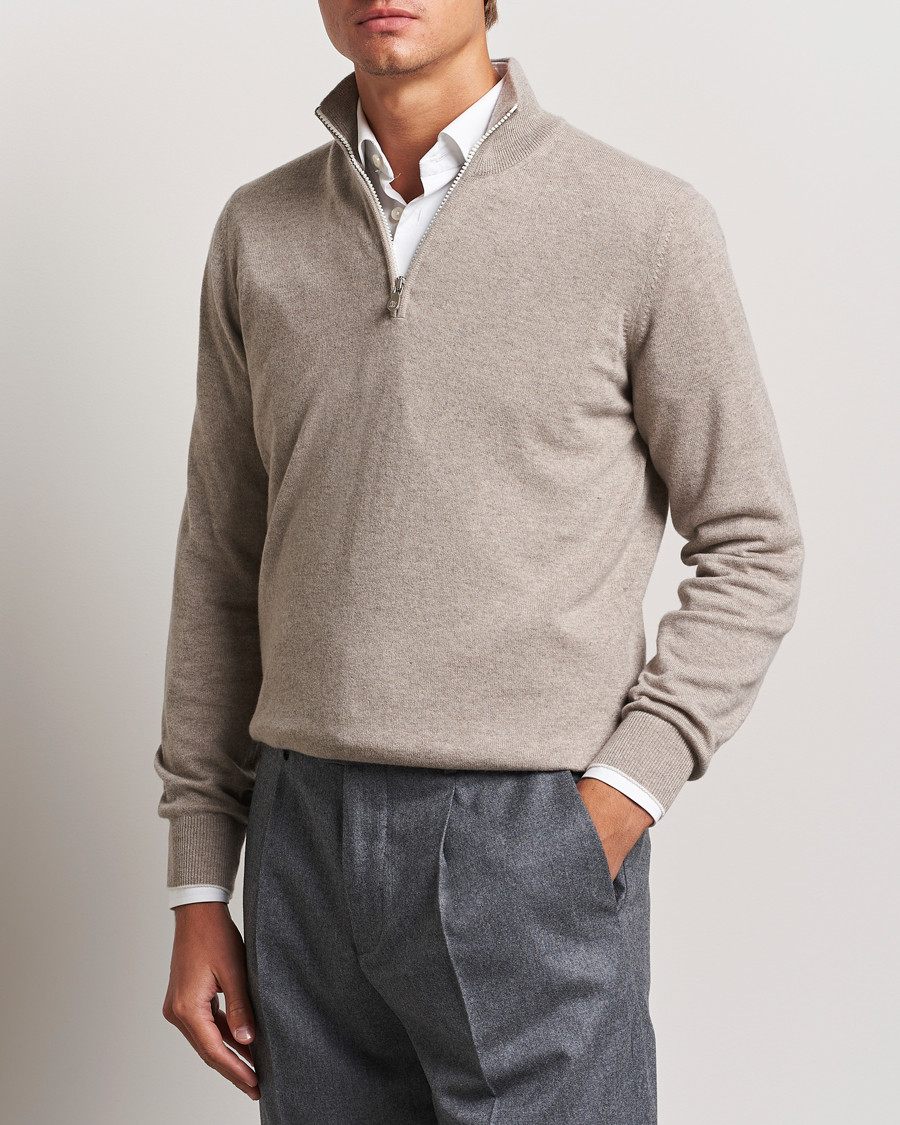 Herre | Gensere | Brunello Cucinelli | 2 Ply Cashmere Half Zip Beige