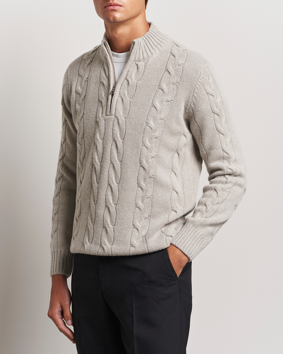 Herre | Gensere | Oscar Jacobson | Reine Heavy Cable Knitted Half Zip Beige