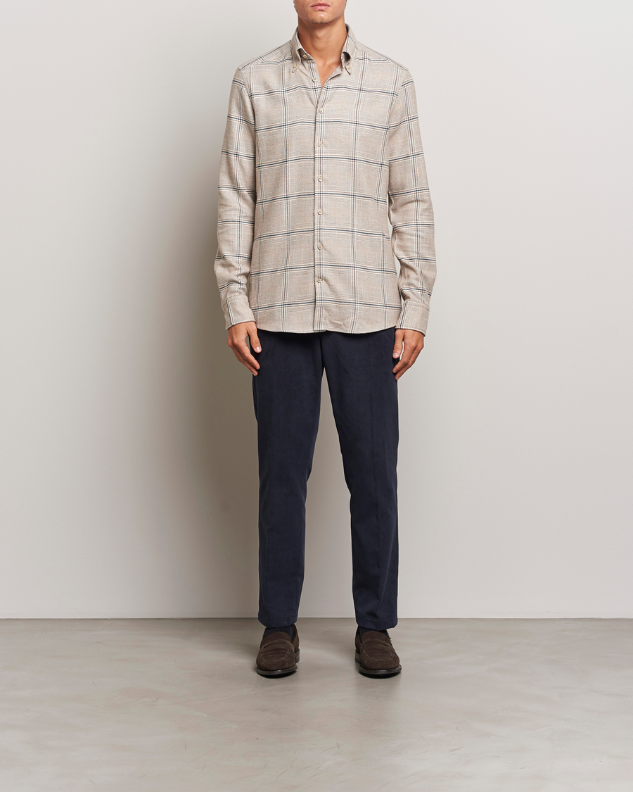 Herre | Skjorter | Stenströms | Slimline Flannel Overcheck Shirt Light Brown