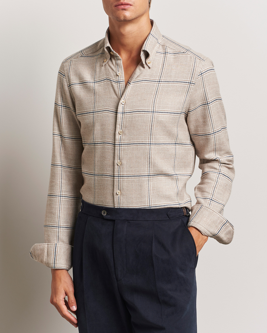 Herre | Skjorter | Stenströms | Slimline Flannel Overcheck Shirt Light Brown