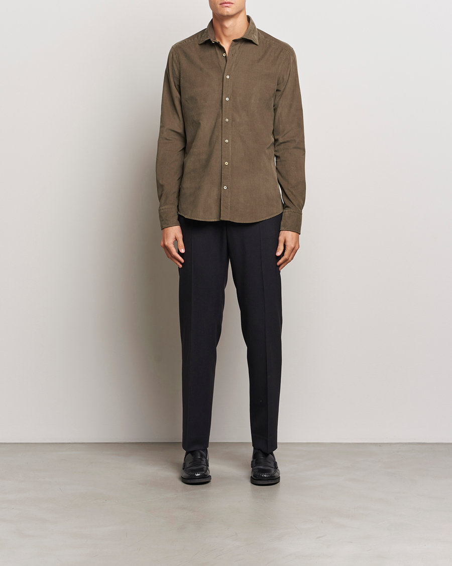 Herre | Skjorter | Stenströms | Slimline Cut Away Cord Shirt Dark Green