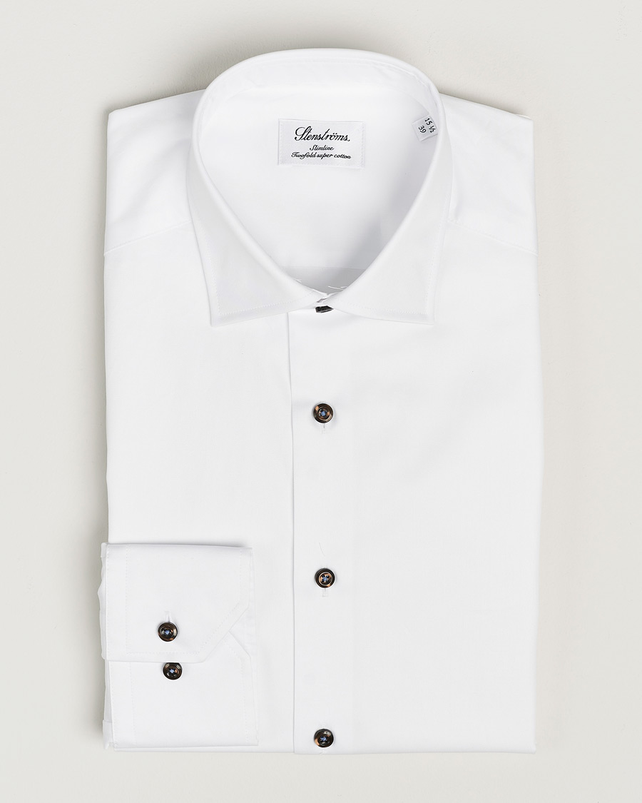 Herre | Skjorter | Stenströms | Slimline Cut Away Contrast Button Shirt White/Brown