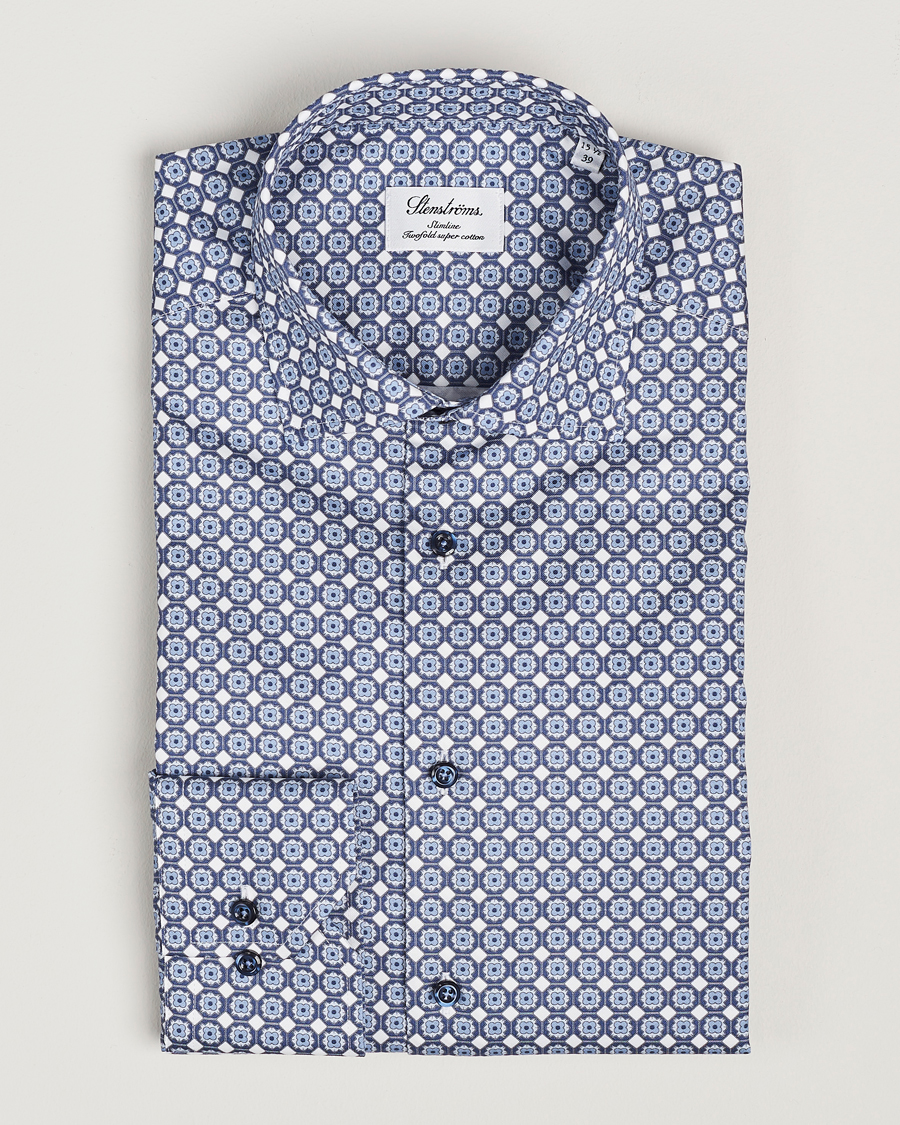 Herre | Skjorter | Stenströms | Slimline Printed Twill Cut Away Shirt Blue