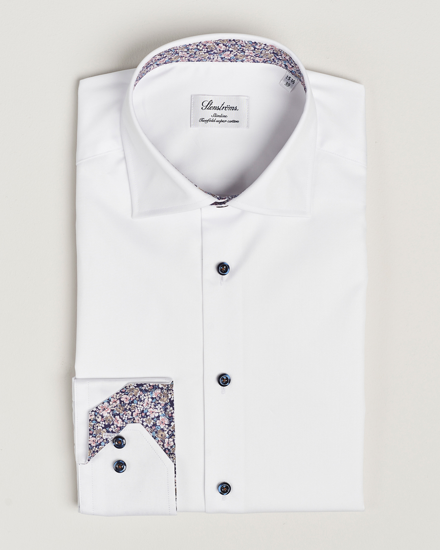 Herre | Skjorter | Stenströms | Slimline Twill Flower Contrast Shirt White
