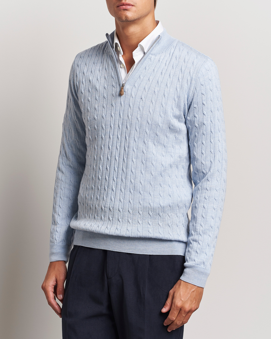 Herre | Gensere | Stenströms | Merino Cable Half Zip Light Blue