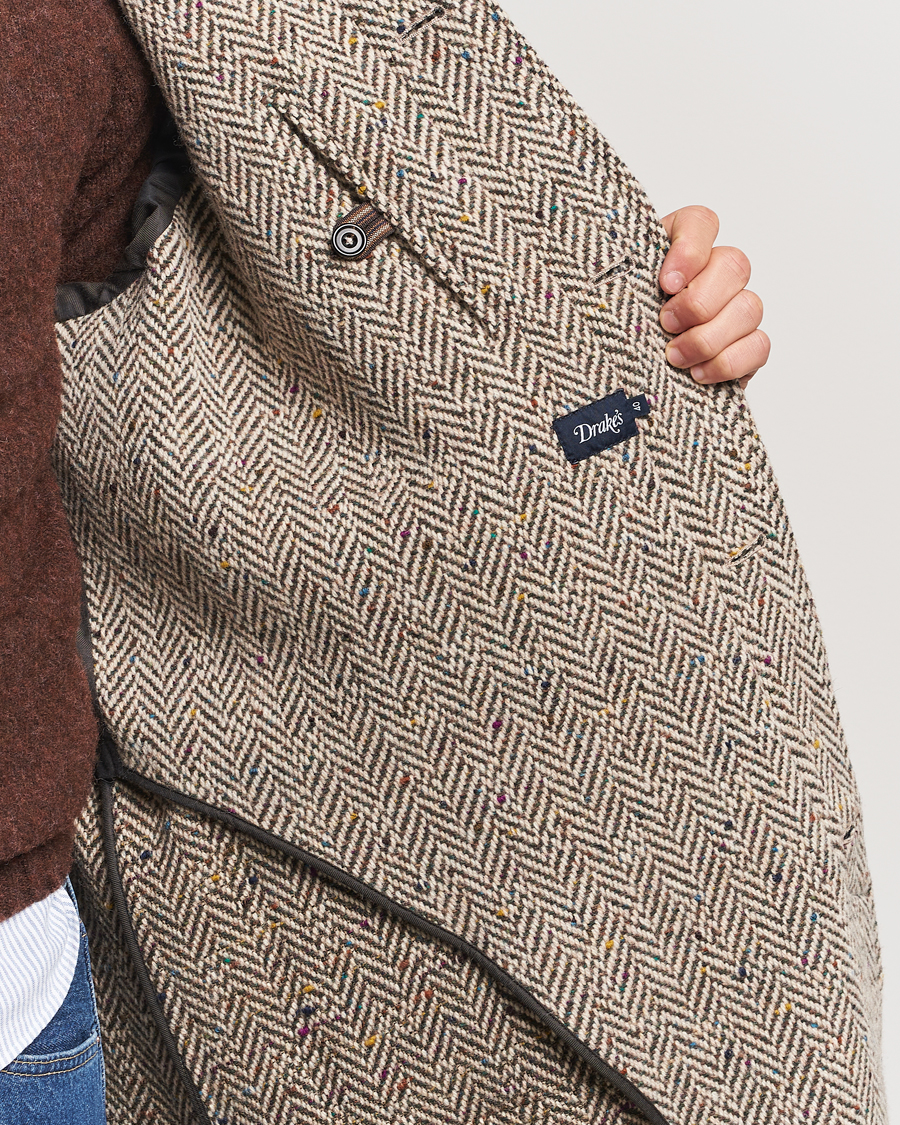 Herre | Jakker | Drake's | Herringbone Tweed Raglan Coat Oat Fleck