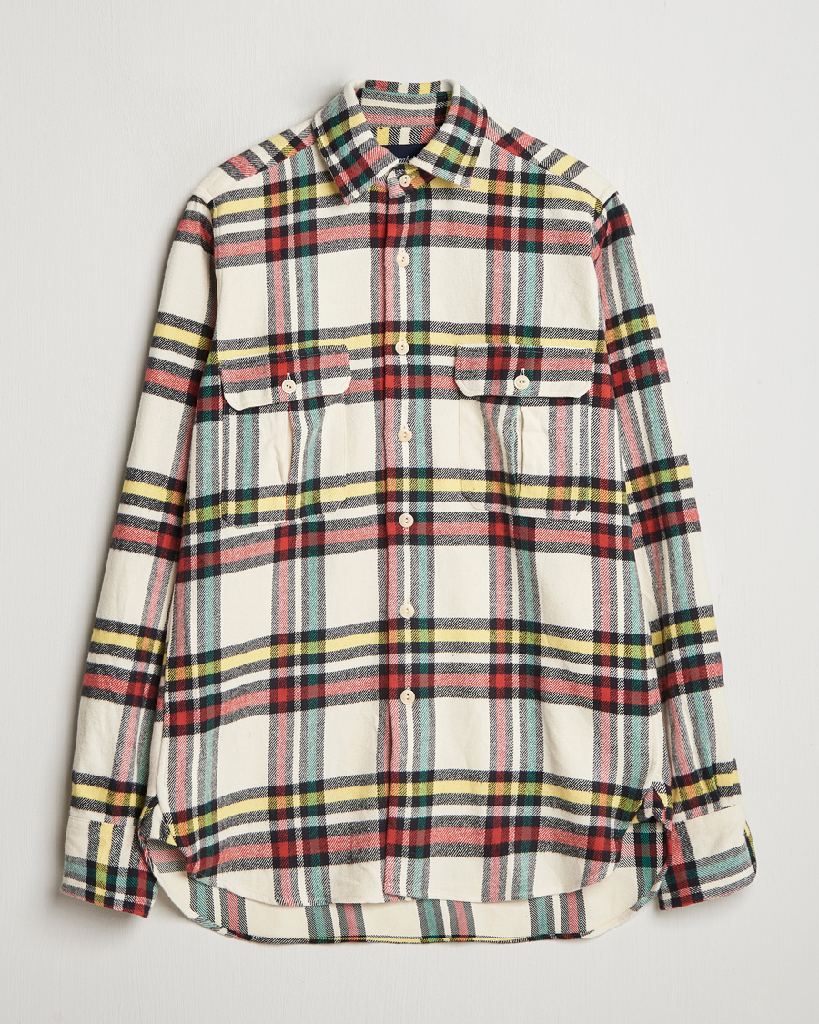Herre | Skjorter | Drake's | Brushed Cotton Work Shirt Ecru/Red/Green