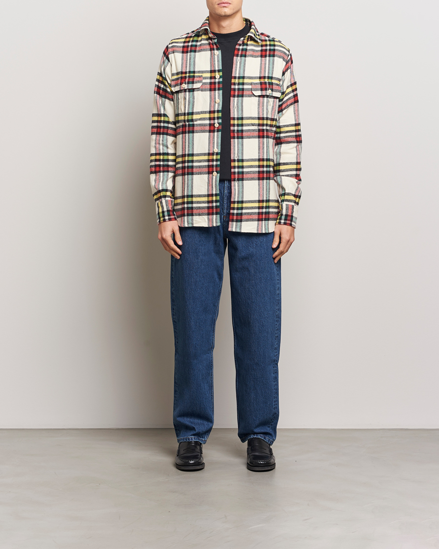 Herre | Skjorter | Drake's | Brushed Cotton Work Shirt Ecru/Red/Green