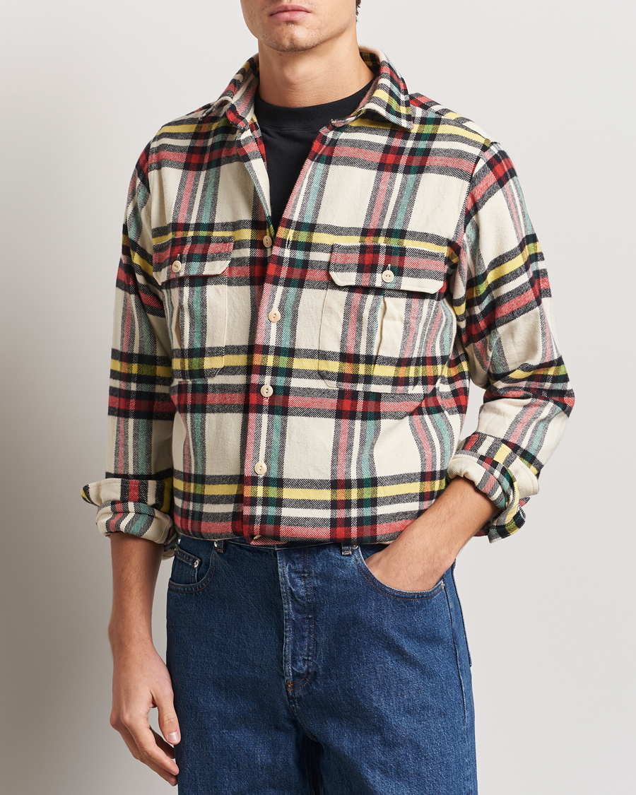 Herre | Skjorter | Drake's | Brushed Cotton Work Shirt Ecru/Red/Green