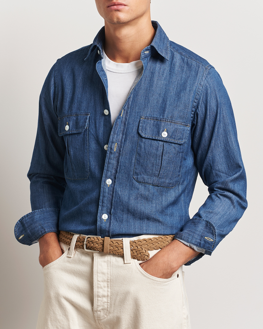 Herre | Skjorter | Drake's | Denim Cotton Two Pocket Work Shirt Blue
