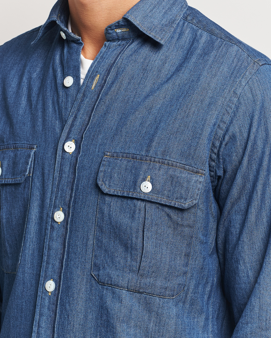 Herre | Skjorter | Drake's | Denim Cotton Two Pocket Work Shirt Blue
