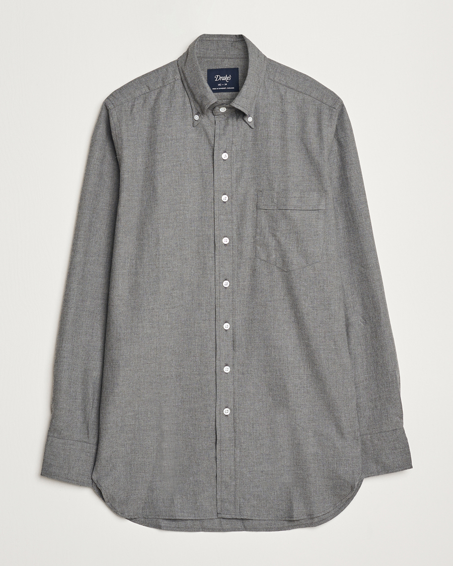 Herre | Skjorter | Drake's | Button Down Flannel Shirt Grey