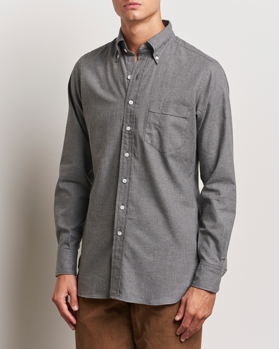 Herre | Skjorter | Drake's | Button Down Flannel Shirt Grey