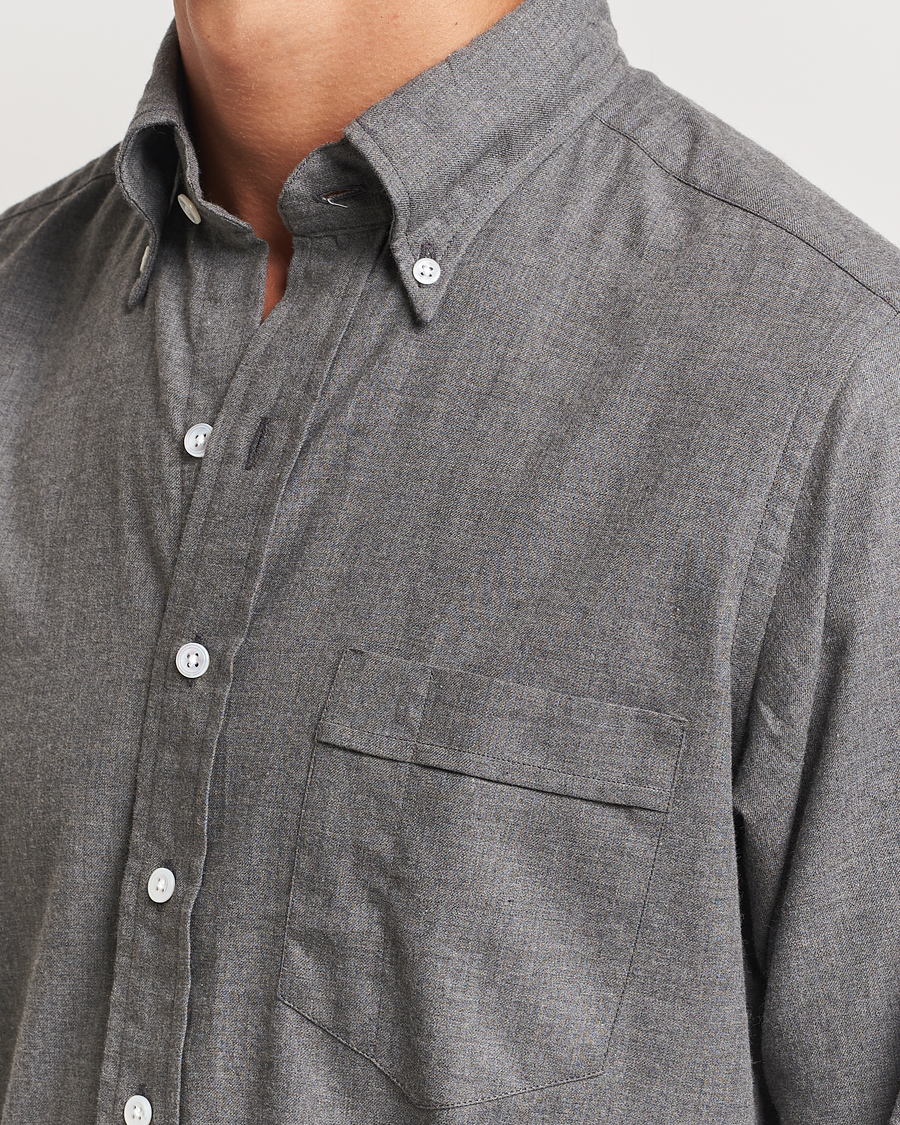 Herre | Skjorter | Drake's | Button Down Flannel Shirt Grey