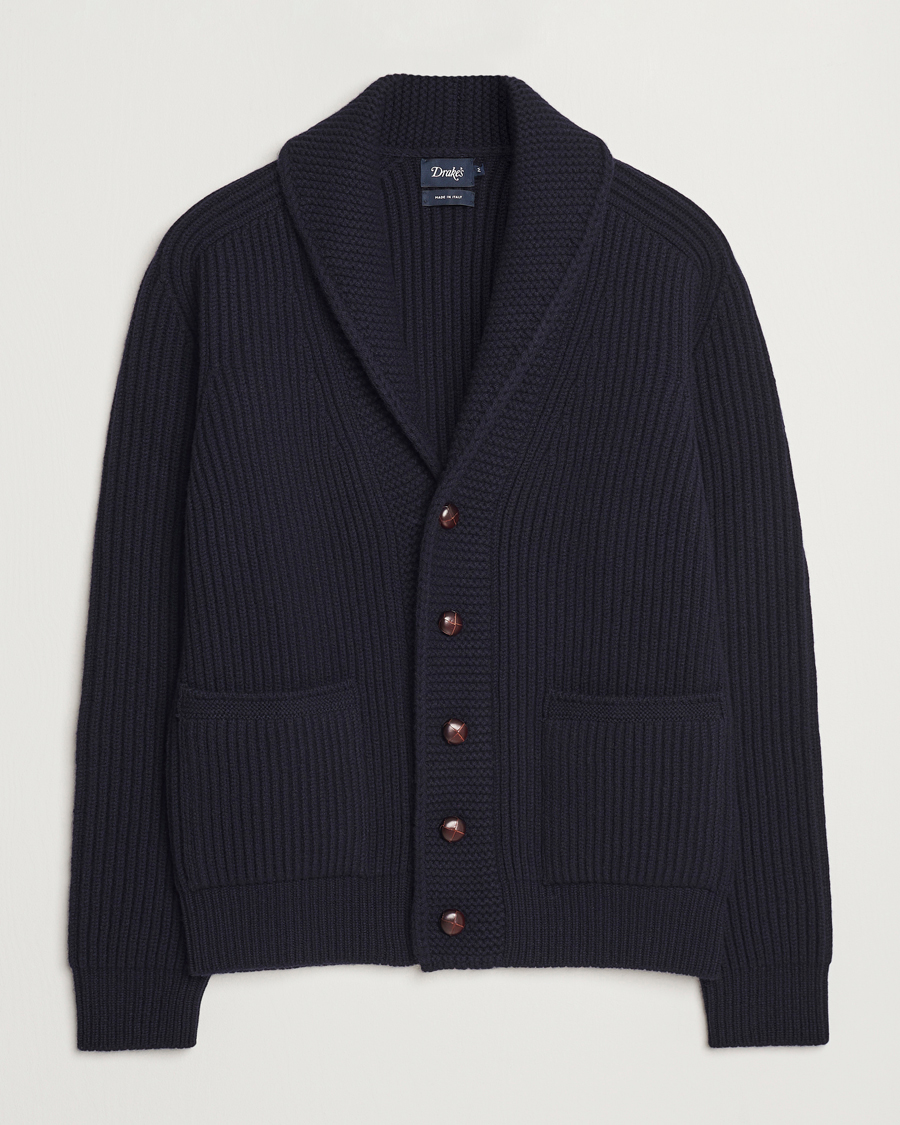 Herre | Gensere | Drake's | Lambswool 6-Ply Shawl Collar Cardigan Navy