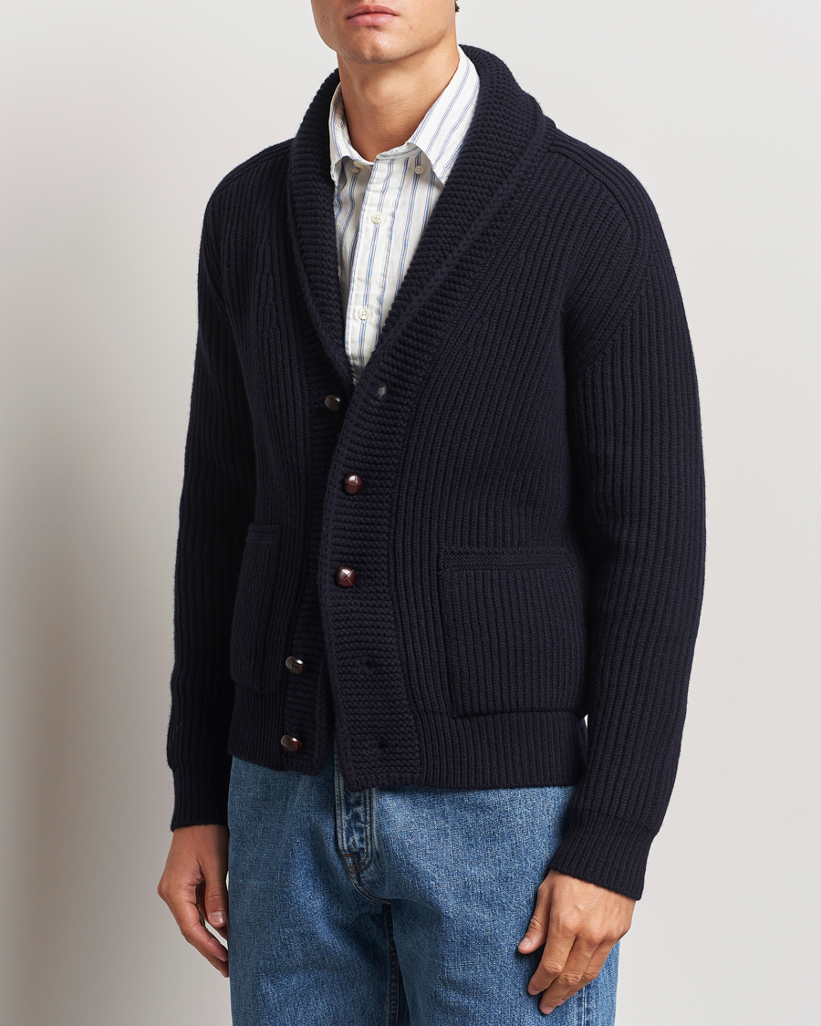 Herre | Gensere | Drake's | Lambswool 6-Ply Shawl Collar Cardigan Navy