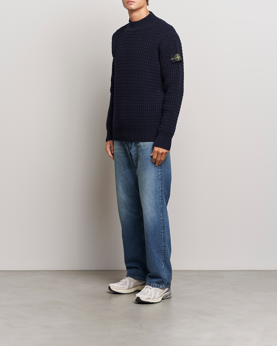 Herre | Gensere | Stone Island | Checkered Rib Stich Wool Mock Neck Navy Blue
