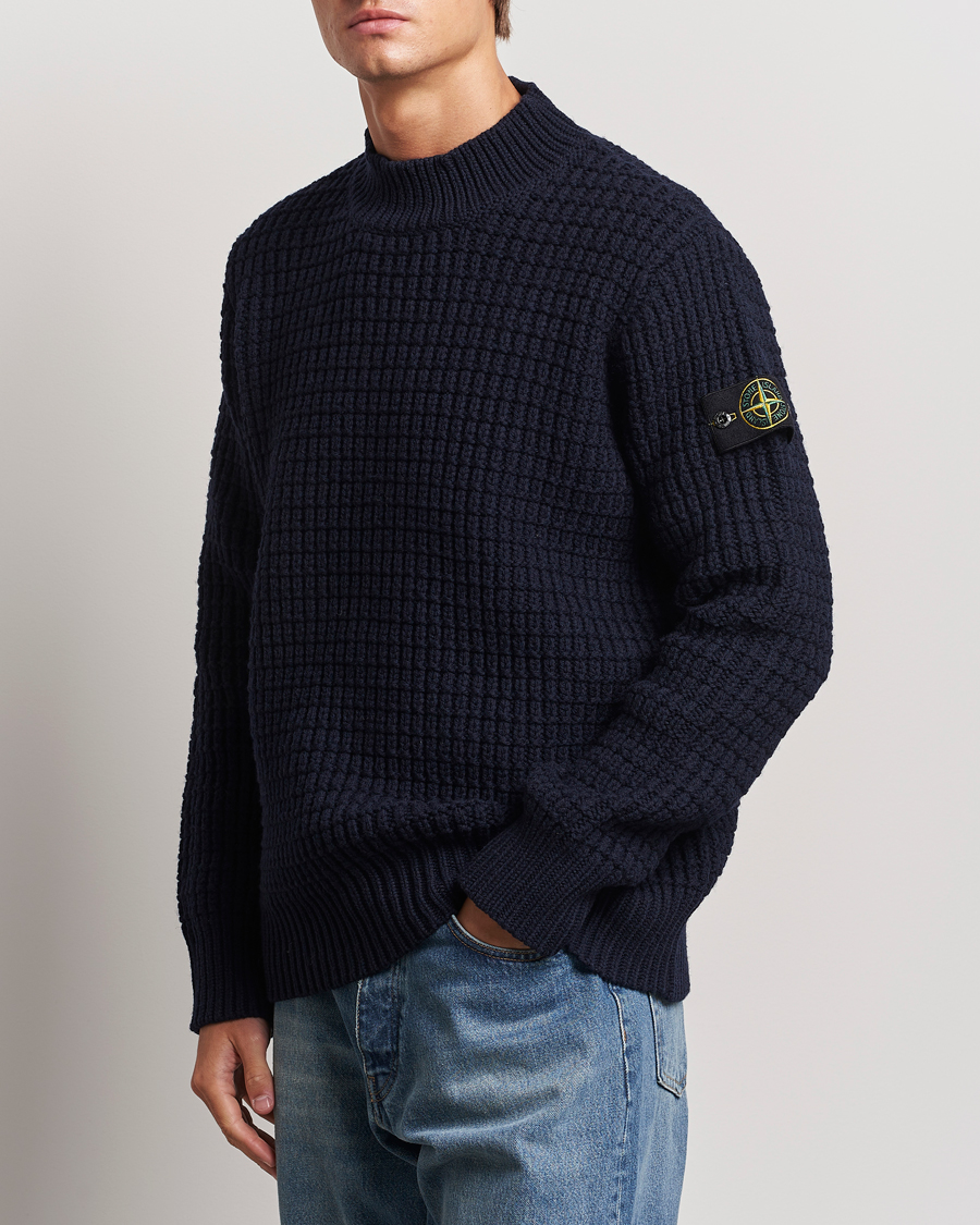 Herre | Gensere | Stone Island | Checkered Rib Stich Wool Mock Neck Navy Blue