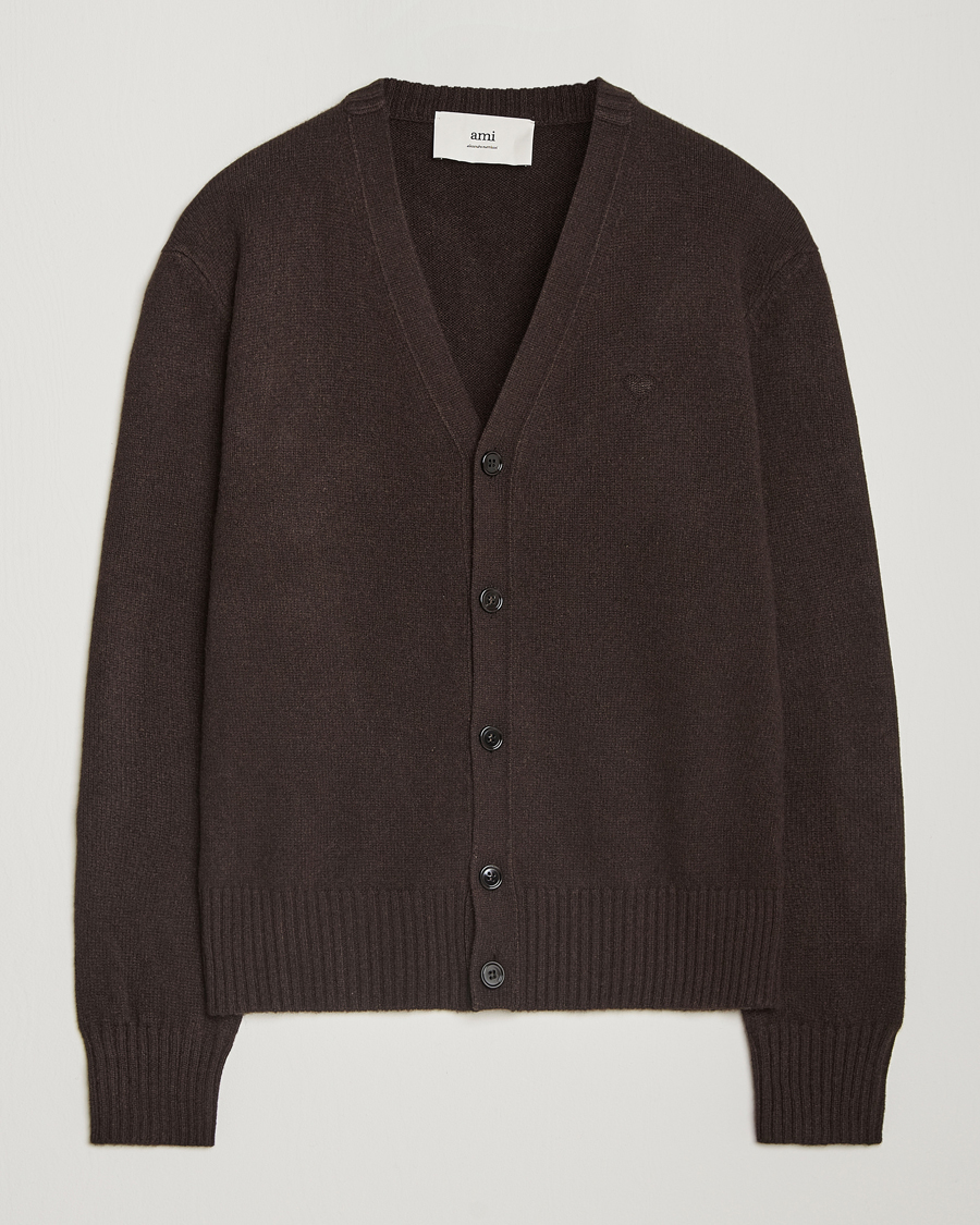 Herre | Gensere | AMI | Tonal Heart Logo Wool Cardigan Dark Coffee