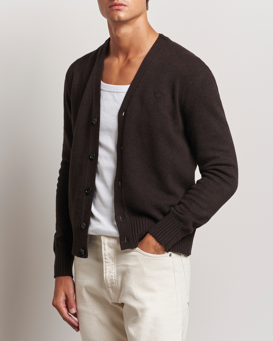 Herre | Gensere | AMI | Tonal Heart Logo Wool Cardigan Dark Coffee