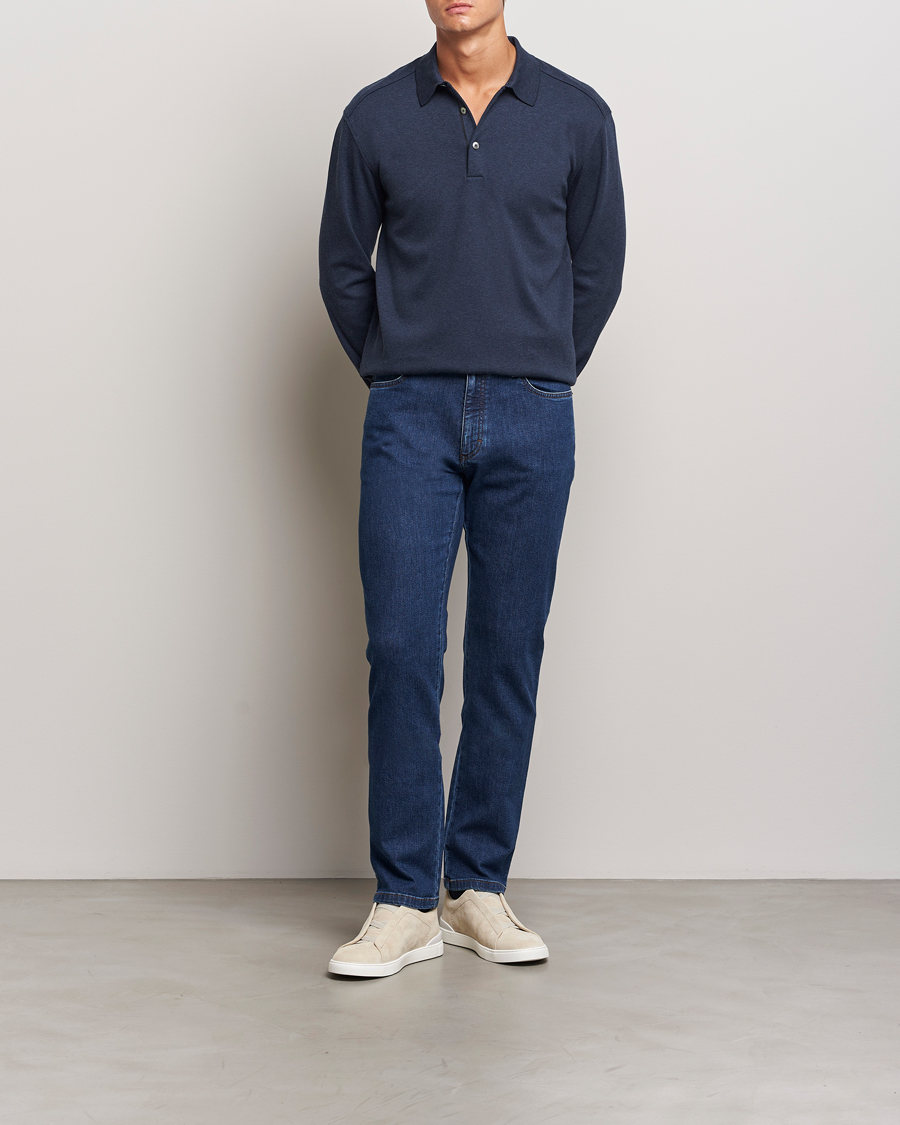 Herre | Gensere | Zegna | Soft Cotton Long Sleeve Polo Navy