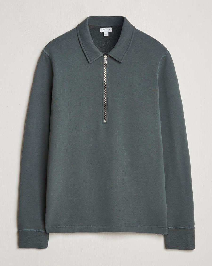 Herre | Gensere | Sunspel | Zip Loopback Sweatshirt Polo Drill Green