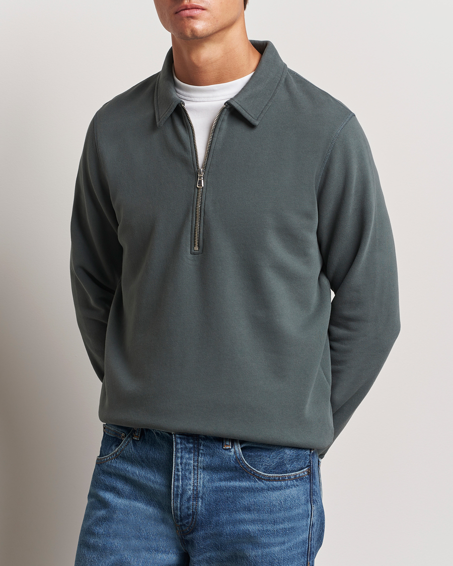 Herre | Gensere | Sunspel | Zip Loopback Sweatshirt Polo Drill Green