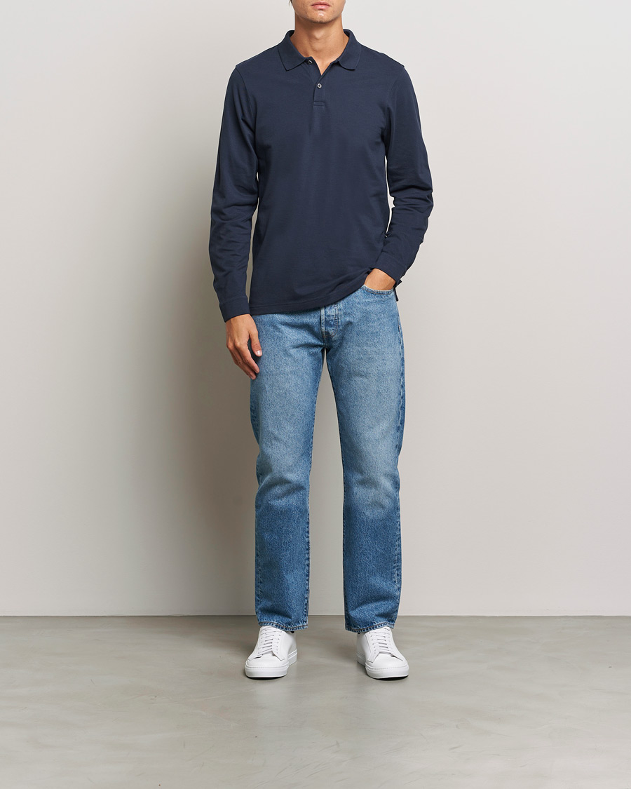 Herre | Pikéer | Sunspel | Supima Cotton Long Sleeve Pique Polo Navy