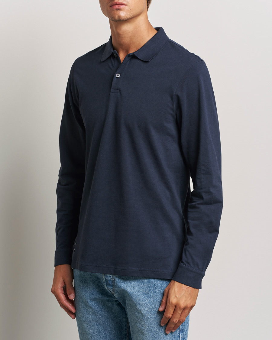 Herre | Pikéer | Sunspel | Supima Cotton Long Sleeve Pique Polo Navy