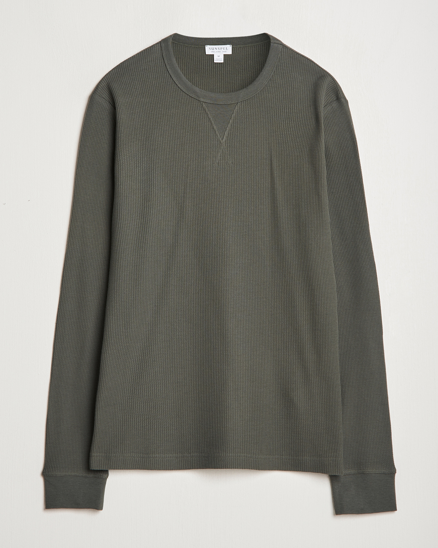 Herre | T-Shirts | Sunspel | Long Sleeve Waffle T-Shirt Drill Green