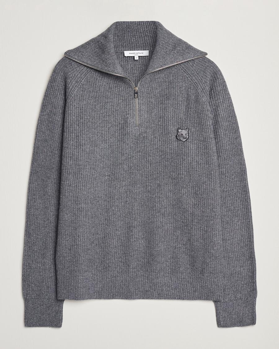Herre | Gensere | Maison Kitsuné | Bold Fox Rib Knitted Half Zip Medium Grey Melange