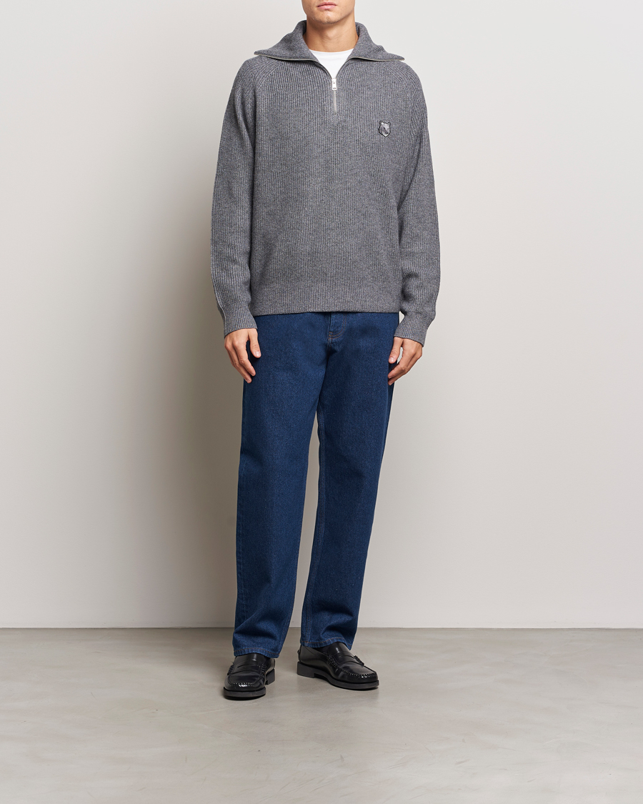 Herre | Gensere | Maison Kitsuné | Bold Fox Rib Knitted Half Zip Medium Grey Melange