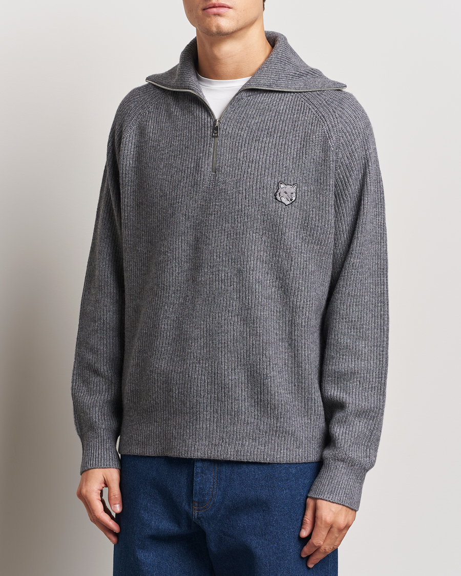 Herre | Gensere | Maison Kitsuné | Bold Fox Rib Knitted Half Zip Medium Grey Melange