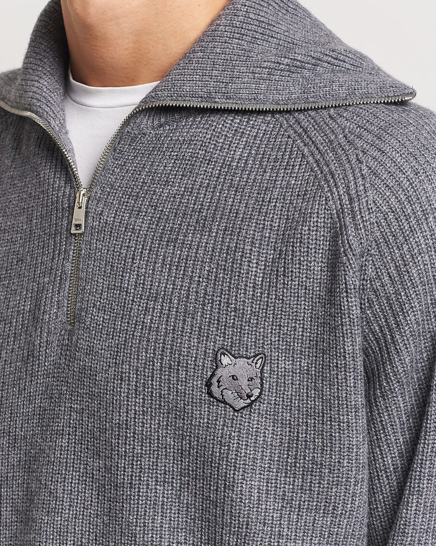 Herre | Gensere | Maison Kitsuné | Bold Fox Rib Knitted Half Zip Medium Grey Melange