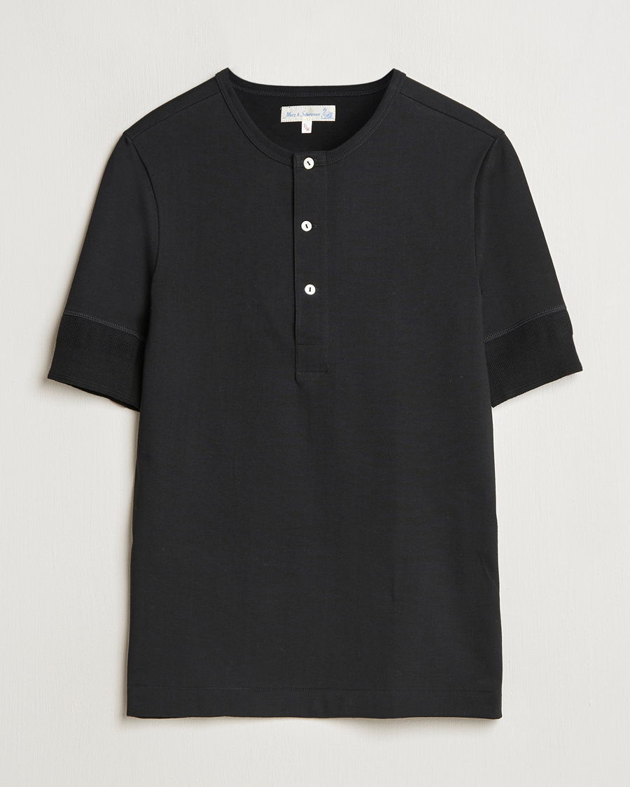 Herre | T-Shirts | Merz b. Schwanen | Short Sleeve Organic Cotton Henley Black