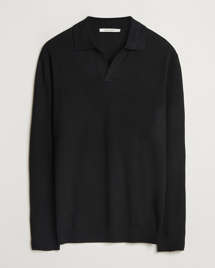Herre | Gensere | A Day's March | Manol Open Collar Merino Polo Black
